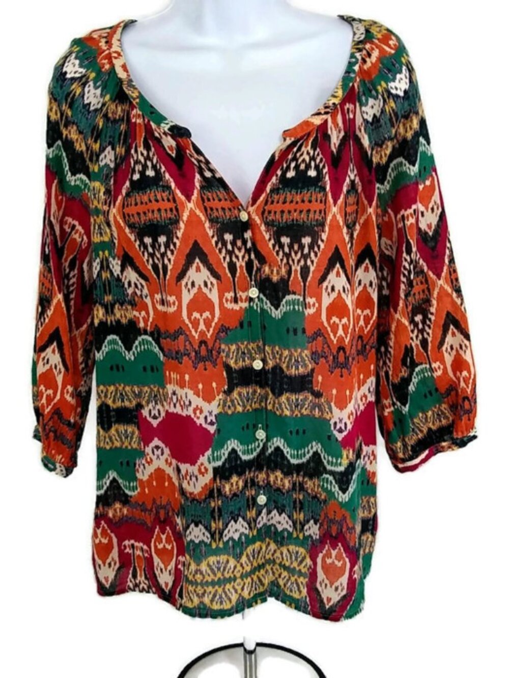 Lucky Brand Boho Women's Blouse Button Up V-Neck with 3/4 Sleeves Size Medium